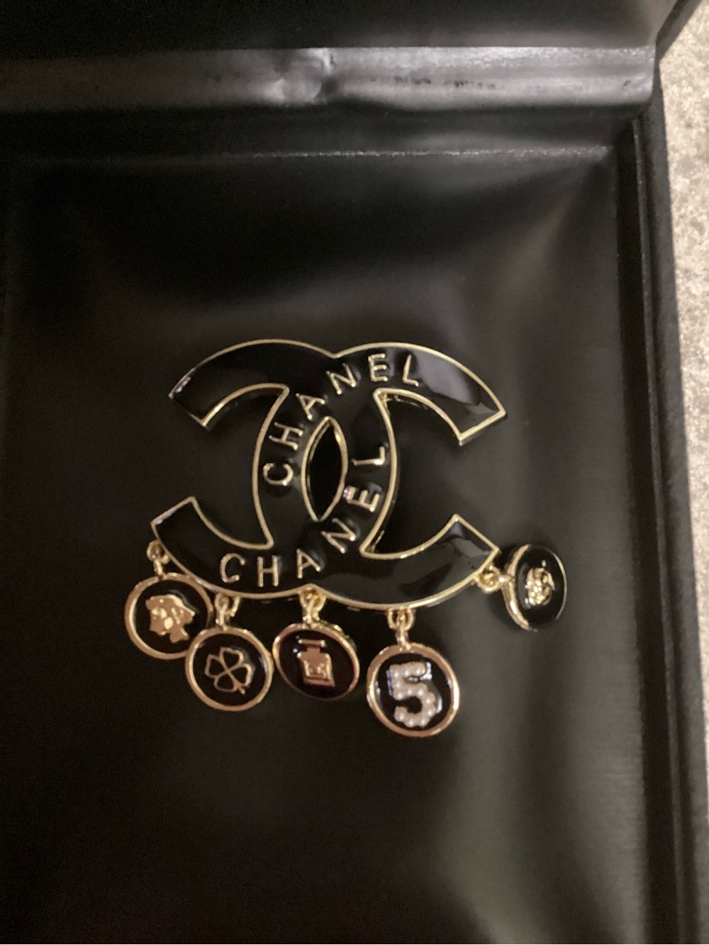 CHANEL Black and Gold CC Logo Charm Brooch